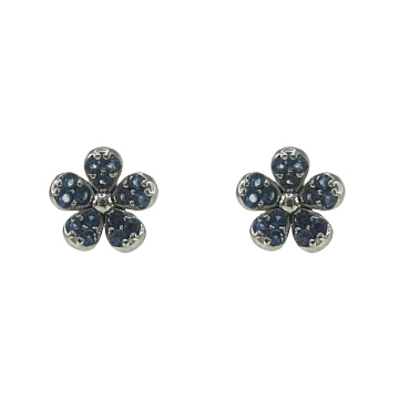 Silver Flower Stud Earrings with Sapphire CZ